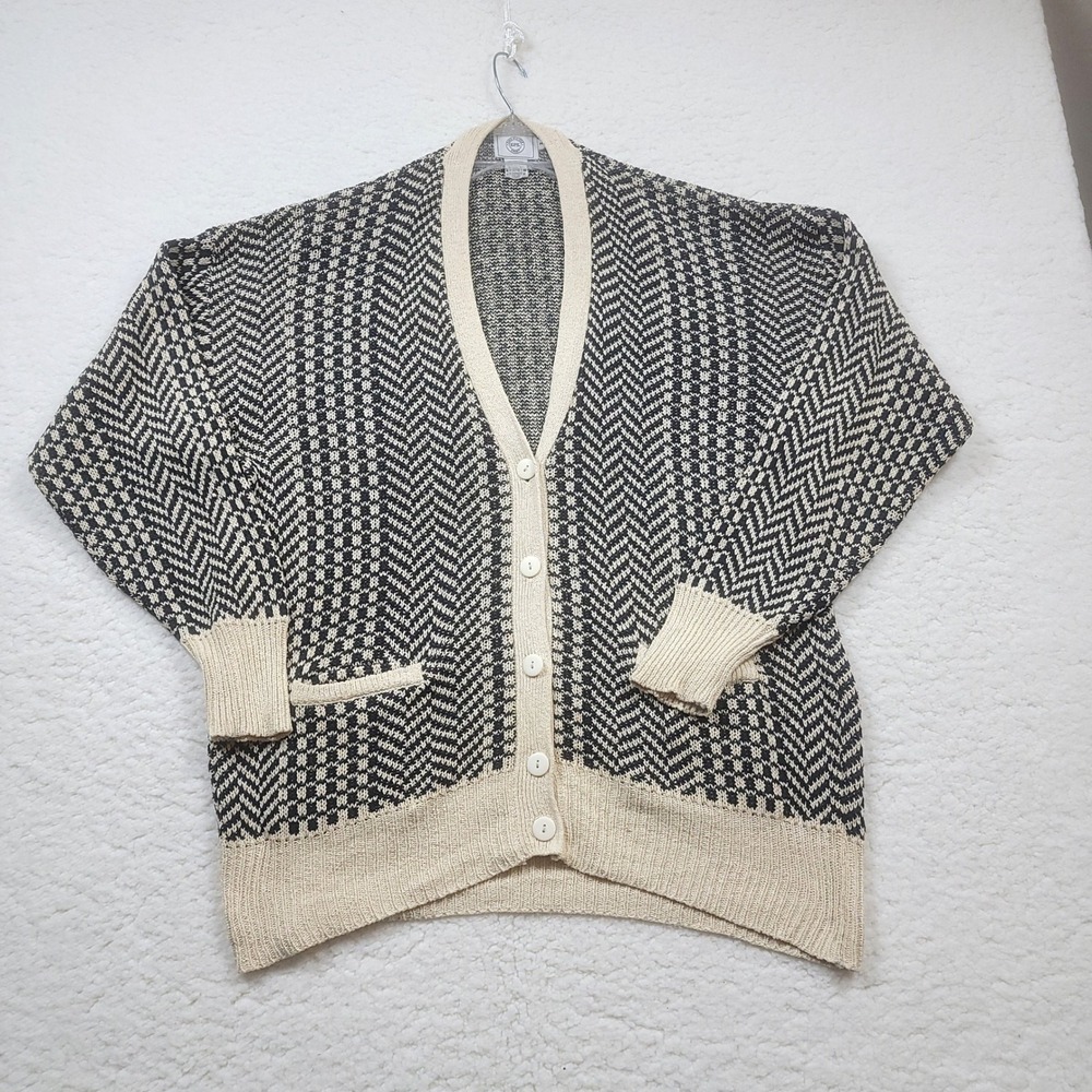 Evan Picone Sport Cardigan Womens Medium Cream Black 100% Silk Vintage 80s-90s